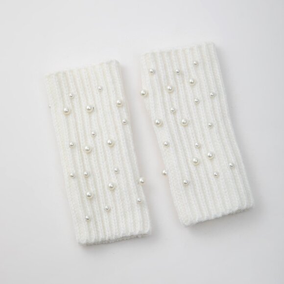 2/$30 Women's White Knitted Fingerless Gloves with Pearl Accents Winter Fall - Picture 4 of 5